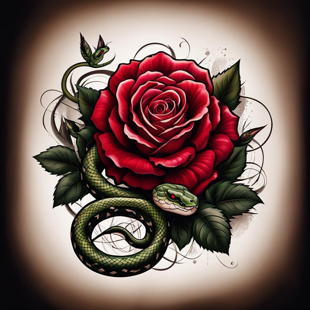 Rose and Snake Tattoo Flash Art