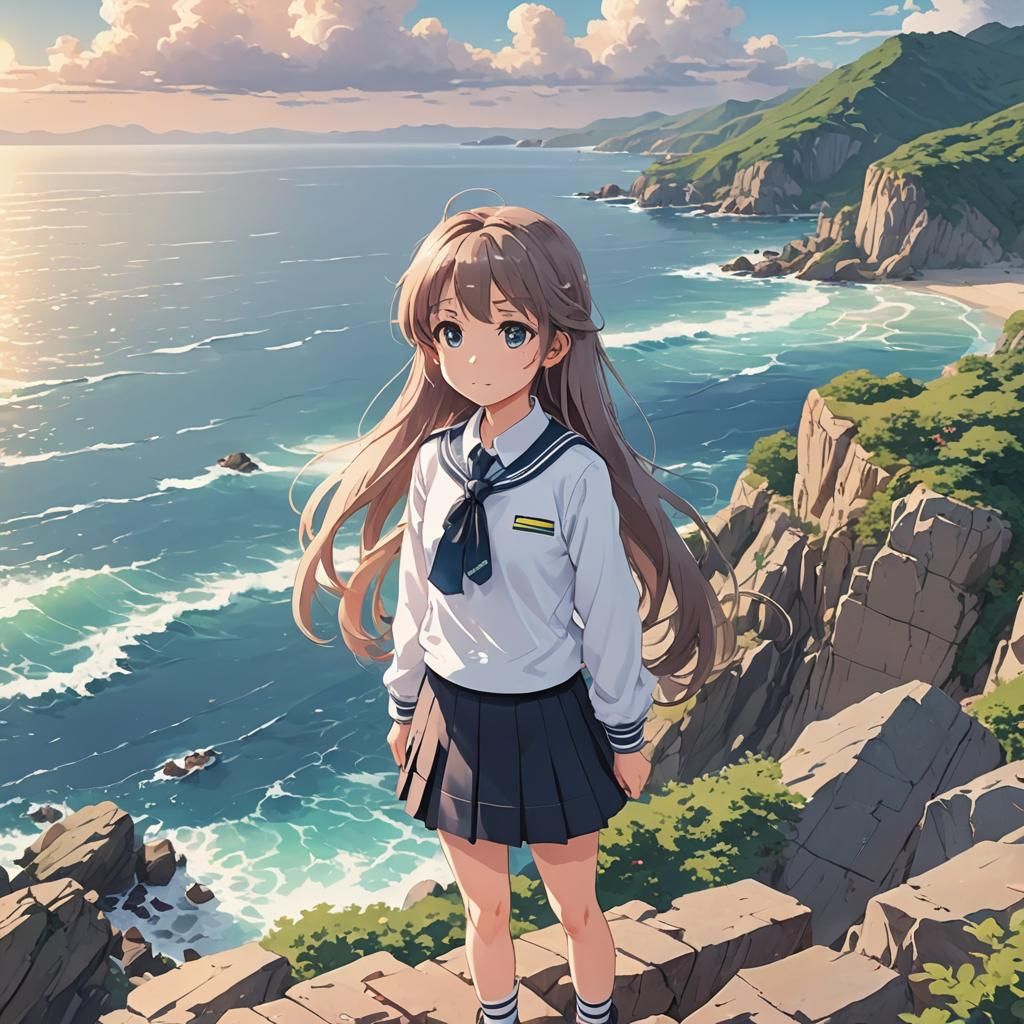 Anime Girl on Cliffside in Manga Style