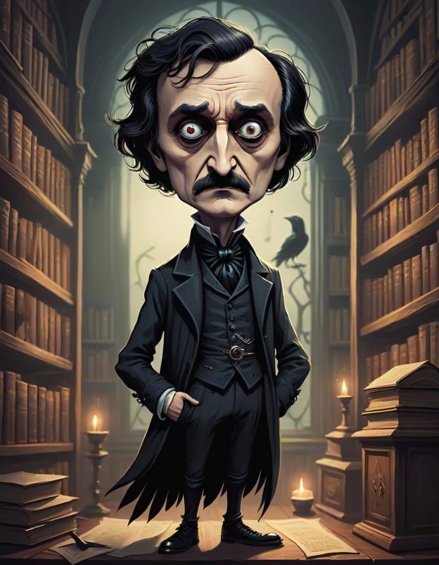 Edgar Allan Poe Caricature with Whimsical Irony