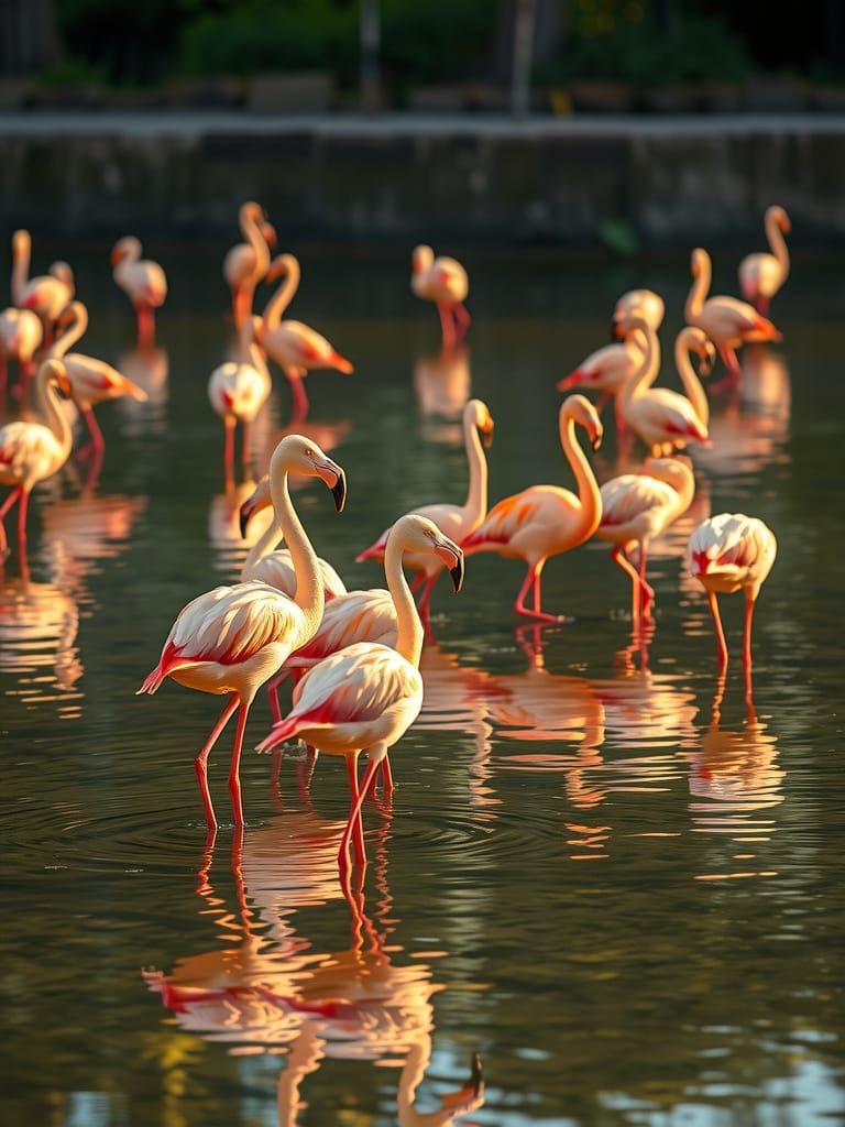 Flamingos Wading in Crystal River at Dawn