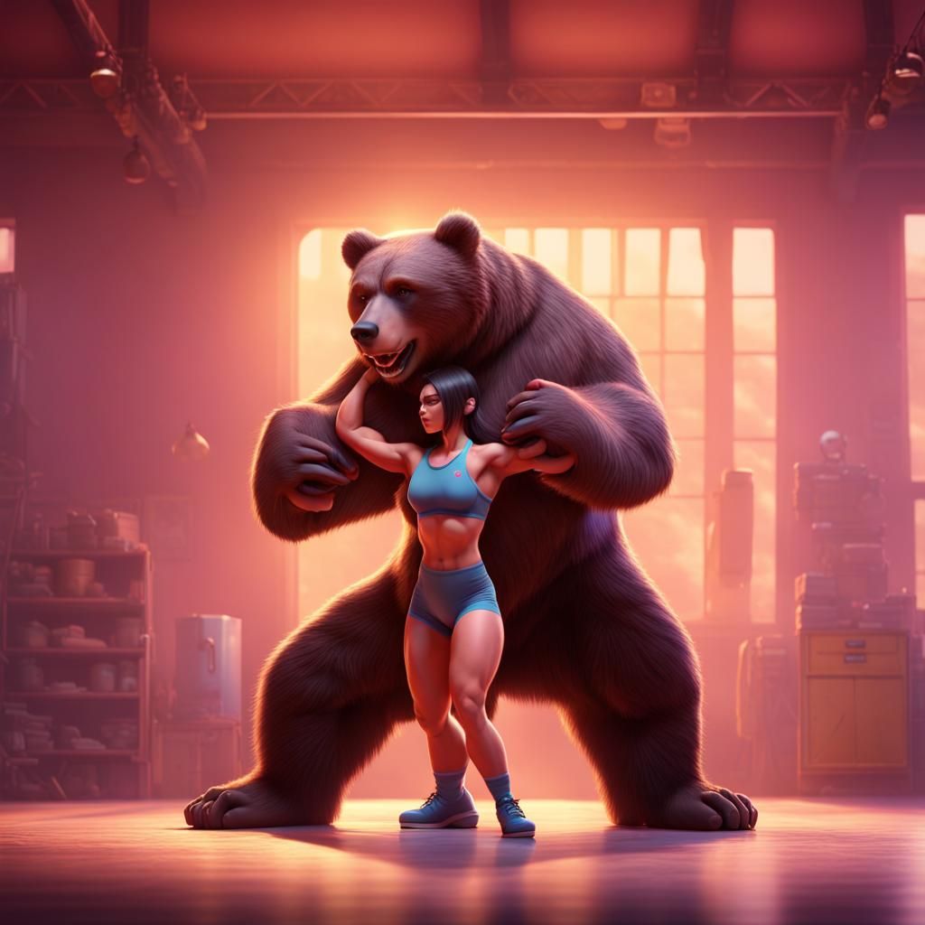 Muscular Woman Wrestling Bear: Pixar-Style 3D Art