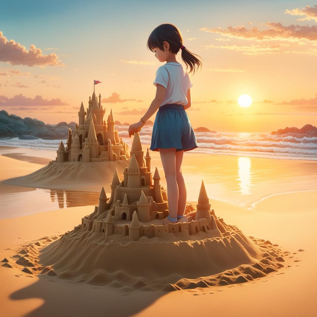 Anime Girl Builds Sandcastle at Sunset: Hyperrealistic Visua...