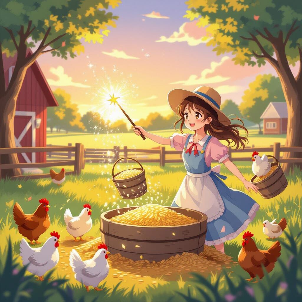 Magical Farm Sunrise with a Woman and Glowing Sparks