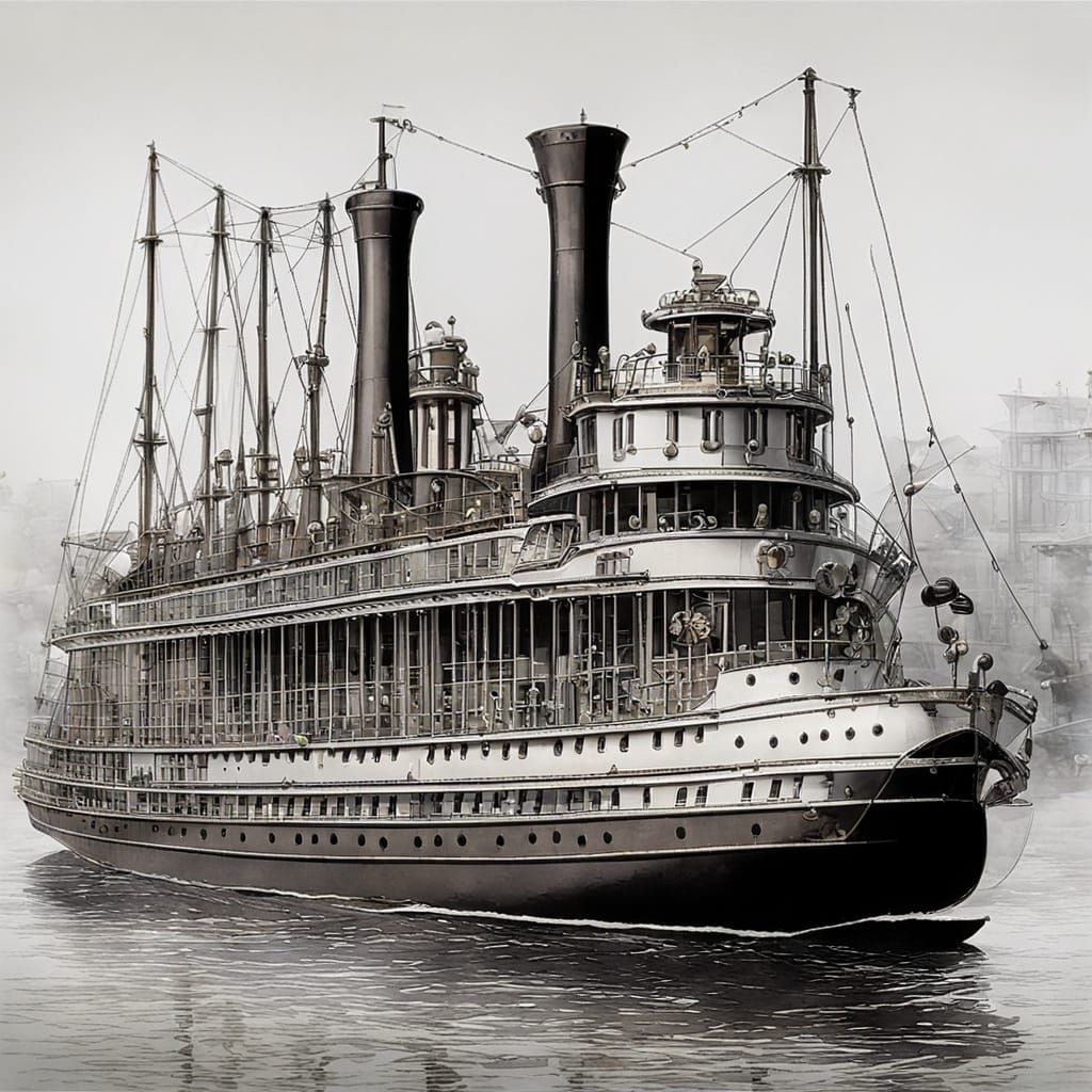 Steampunk Paddle Steamer in Precisionist Style
