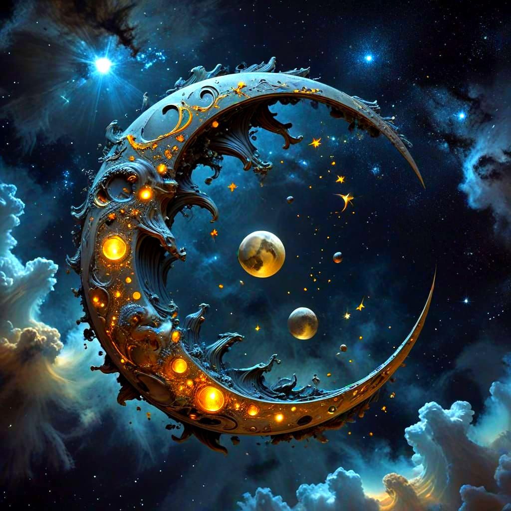 Celestial Double Exposure with Golden New Moon and Twin Fish...