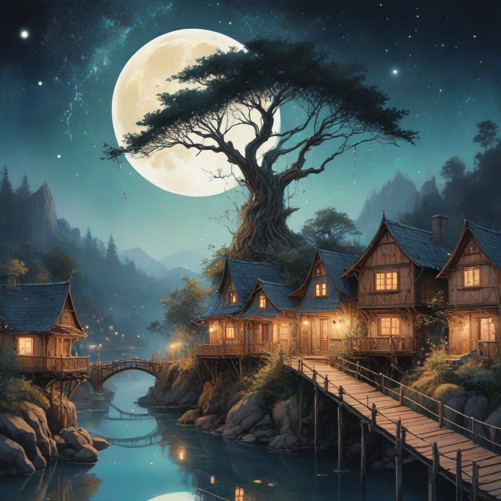 Cosmic Crescent Moon Village in Space