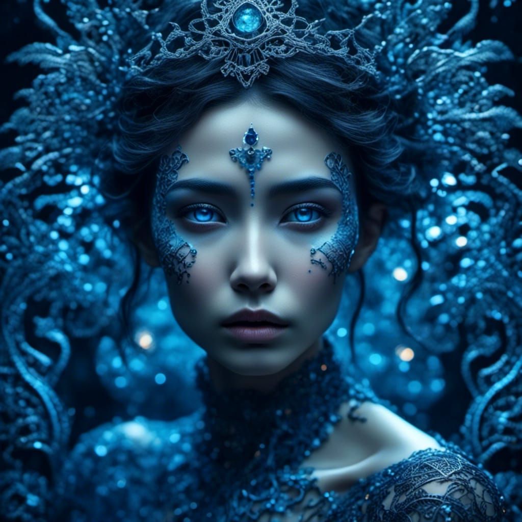 Красивая женщина, стоящая в ночи, и ее голубые глаза светятс...