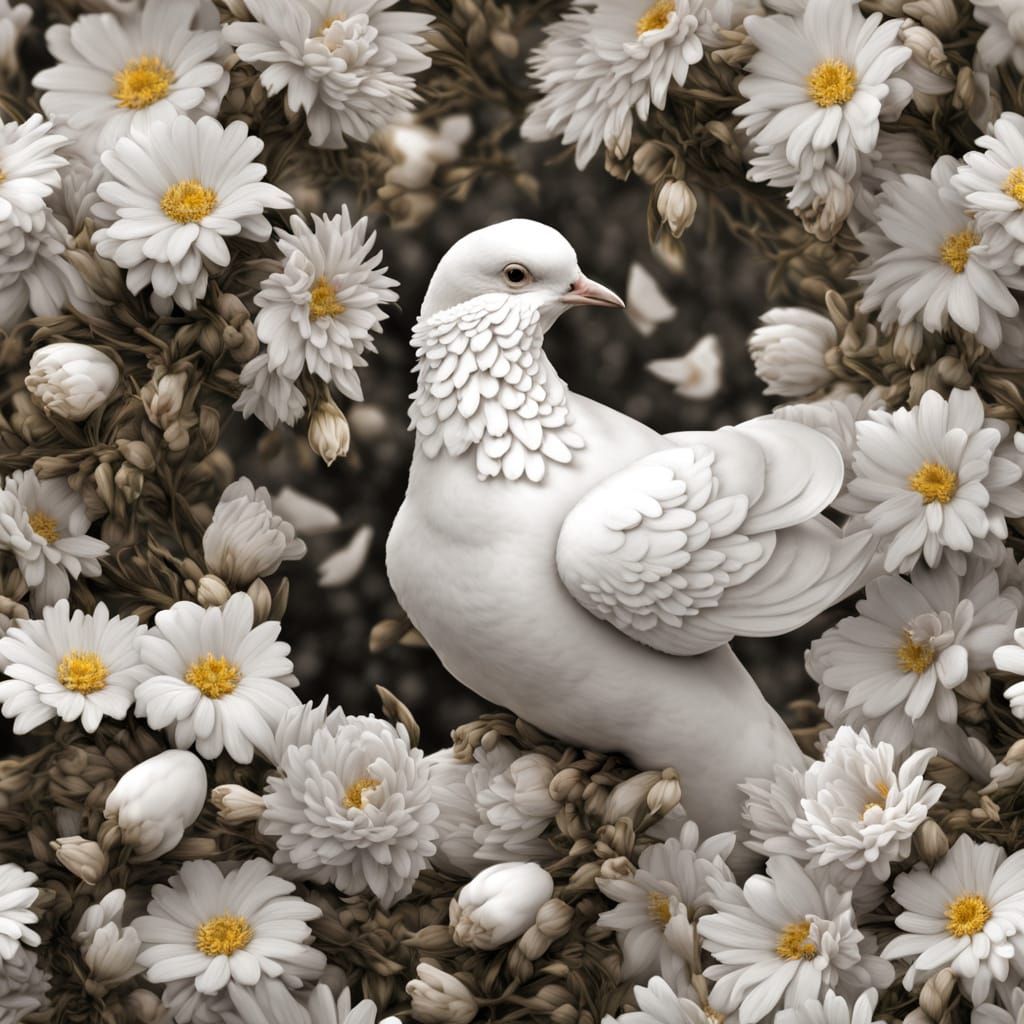 White Dove Surrounded by White Flowers in HDR