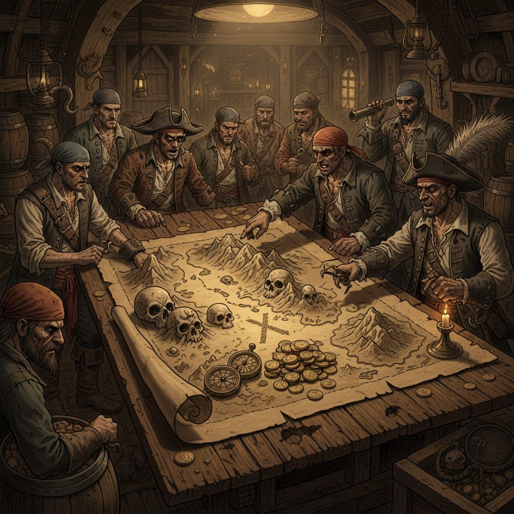 Pirate Treasure Map Battle in Dramatic, Detailed Style