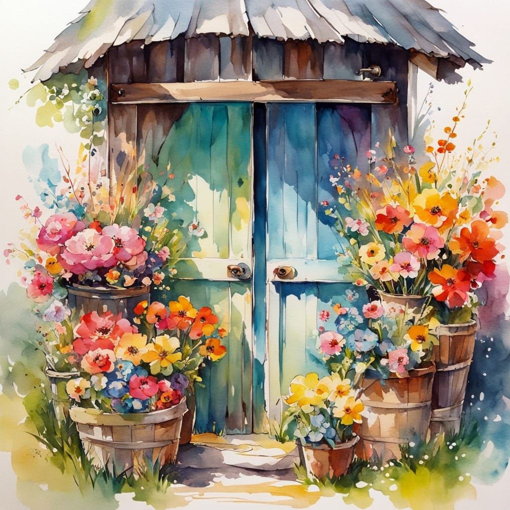 Colorful Barn Doors with Flower Bouquets in Chibi Style