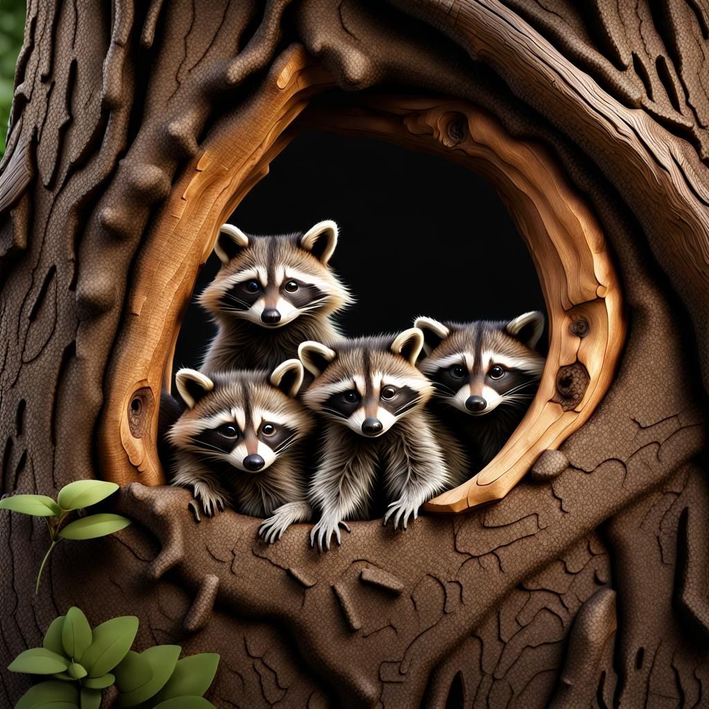 Realistic Raccoon Family in Hollow Tree Home