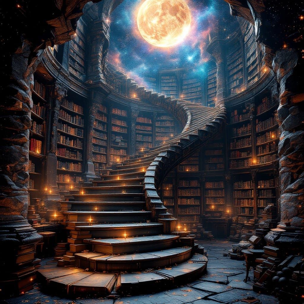 Surreal Library Staircase in Cosmic Hyperrealism