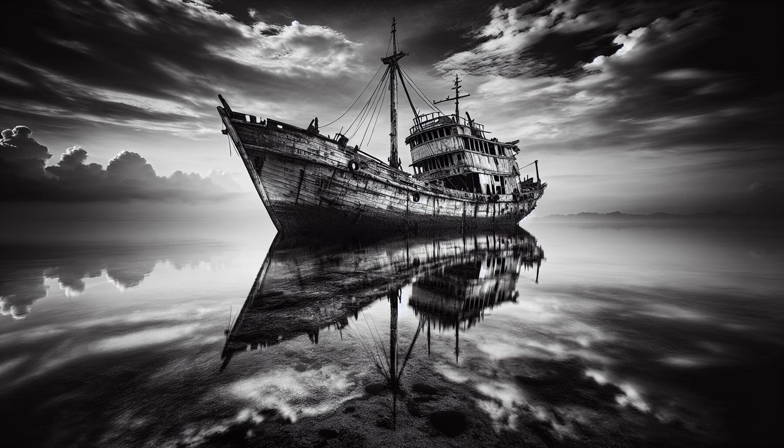 Weathered Ship Anchored in Calm Waters