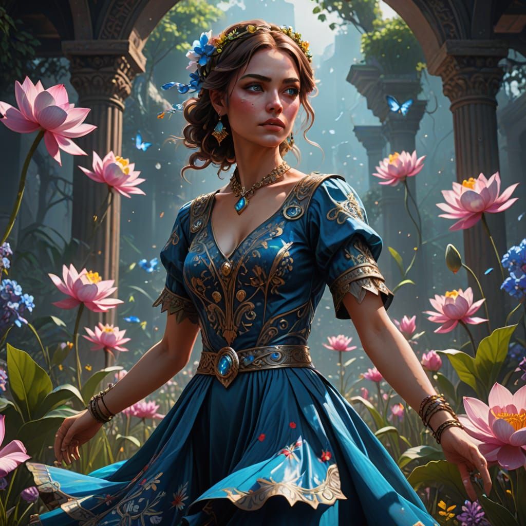 Rebellious Woman Dancing in Flowers: Luminism Style