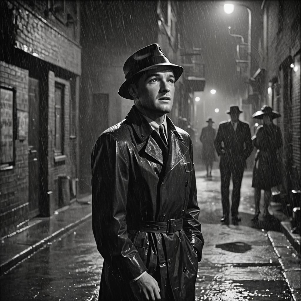Film Noir Image of Gene Kelly in Rainy Alley