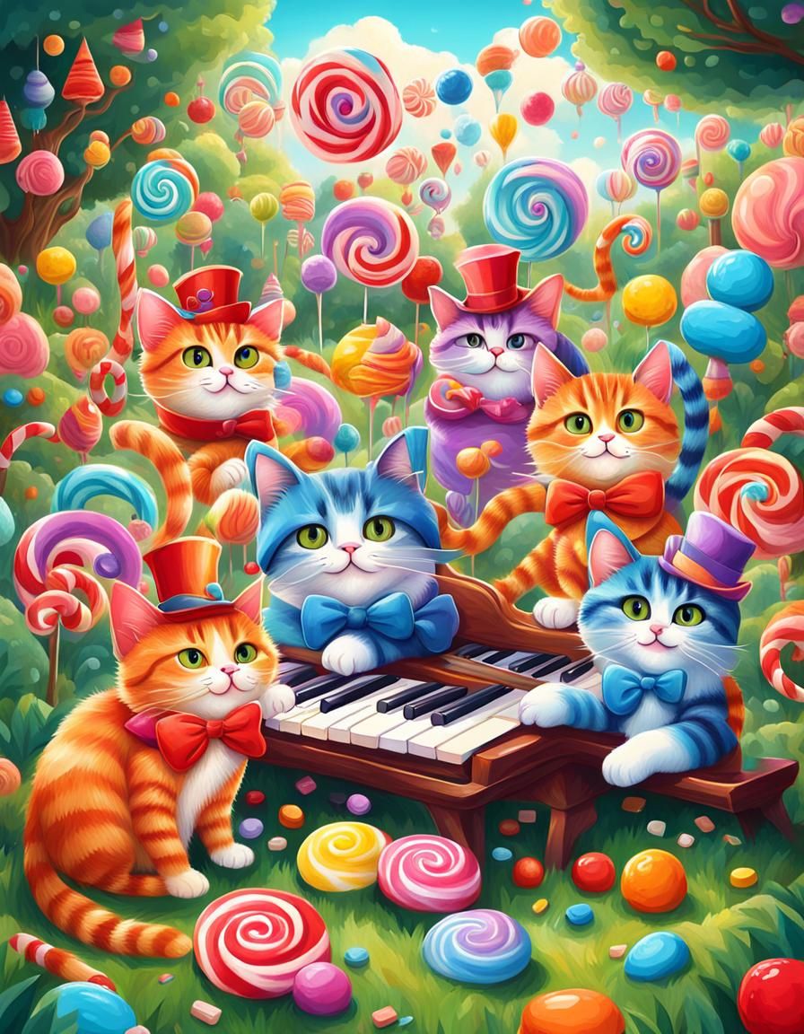 Cats' Candy Garden Concert: Digital Art Illustration