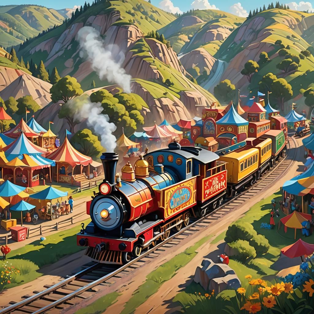 Vibrant Casey Junior Circus Train Chugs Along Sunny Railway....