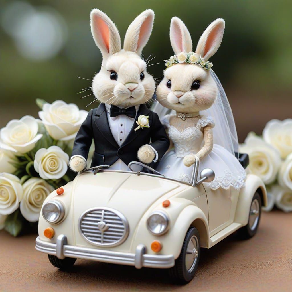 Bunnies in Miniature Wedding Car