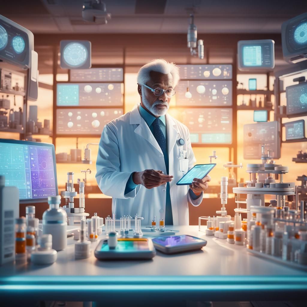 A scientist in a lab coat holding a pill, surrounded by vari...