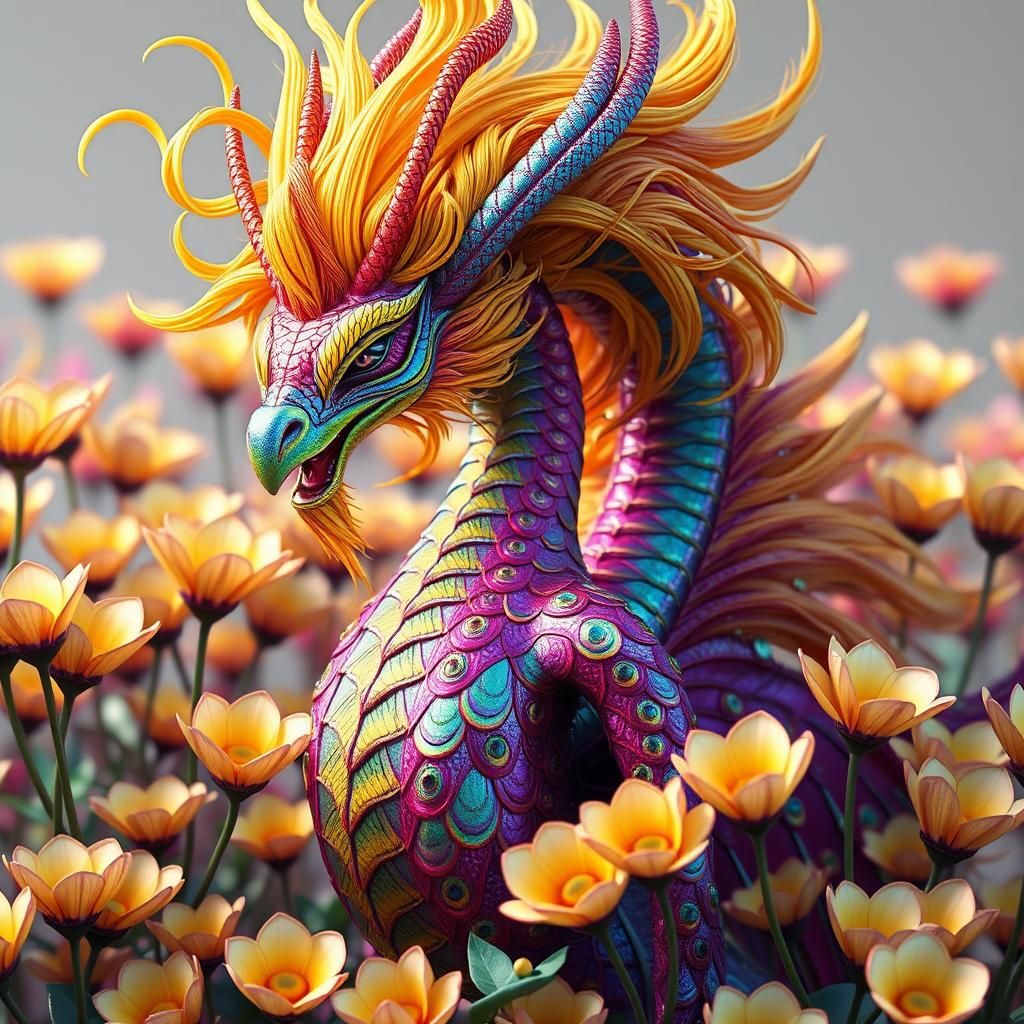 Iridescent Dragon Peacock Woman in Digital Art Style