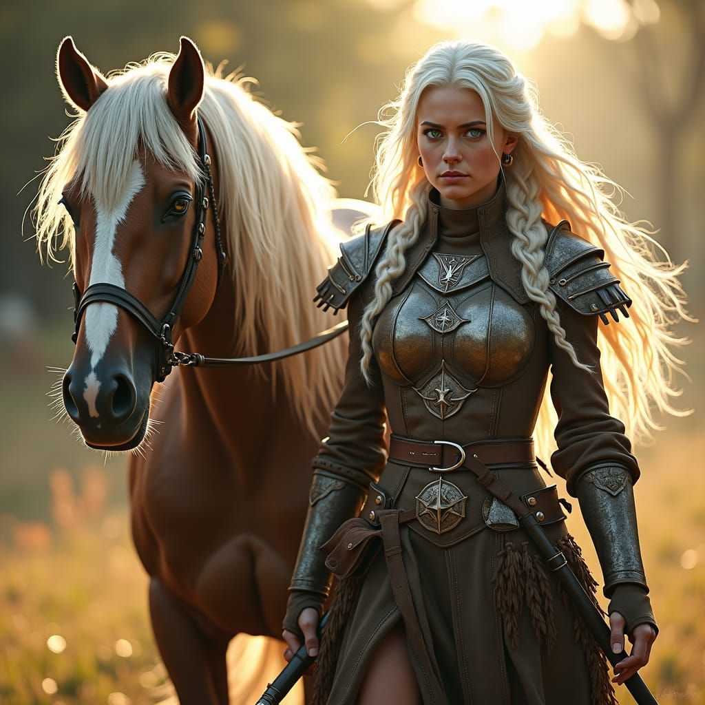 Female Ranger and Stallion in Golden Light
