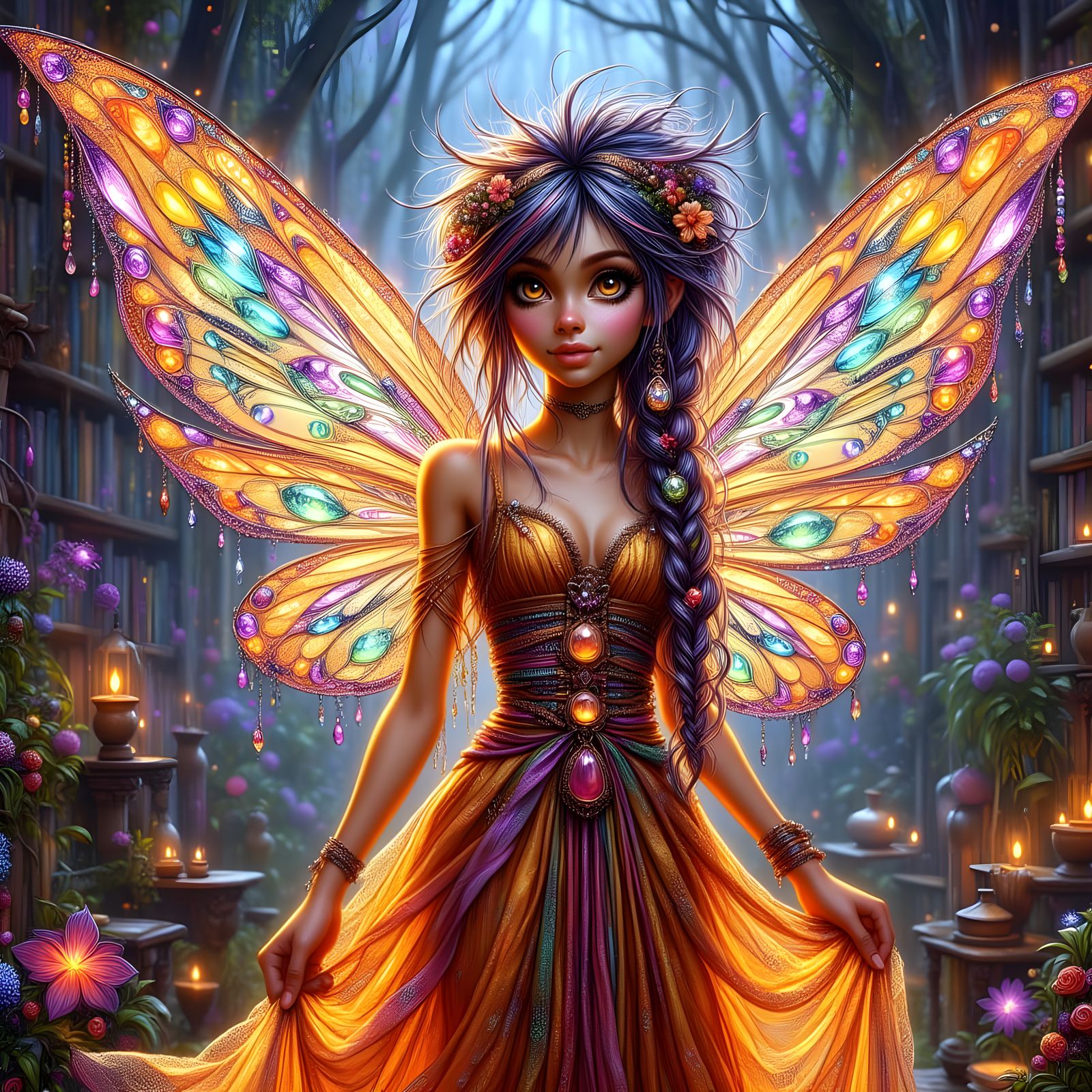 Beautiful Pixie in Orange and Purple with Gemstone Dress