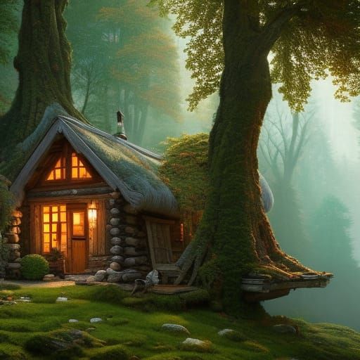 Epic Stone Cabin in Forest Painting