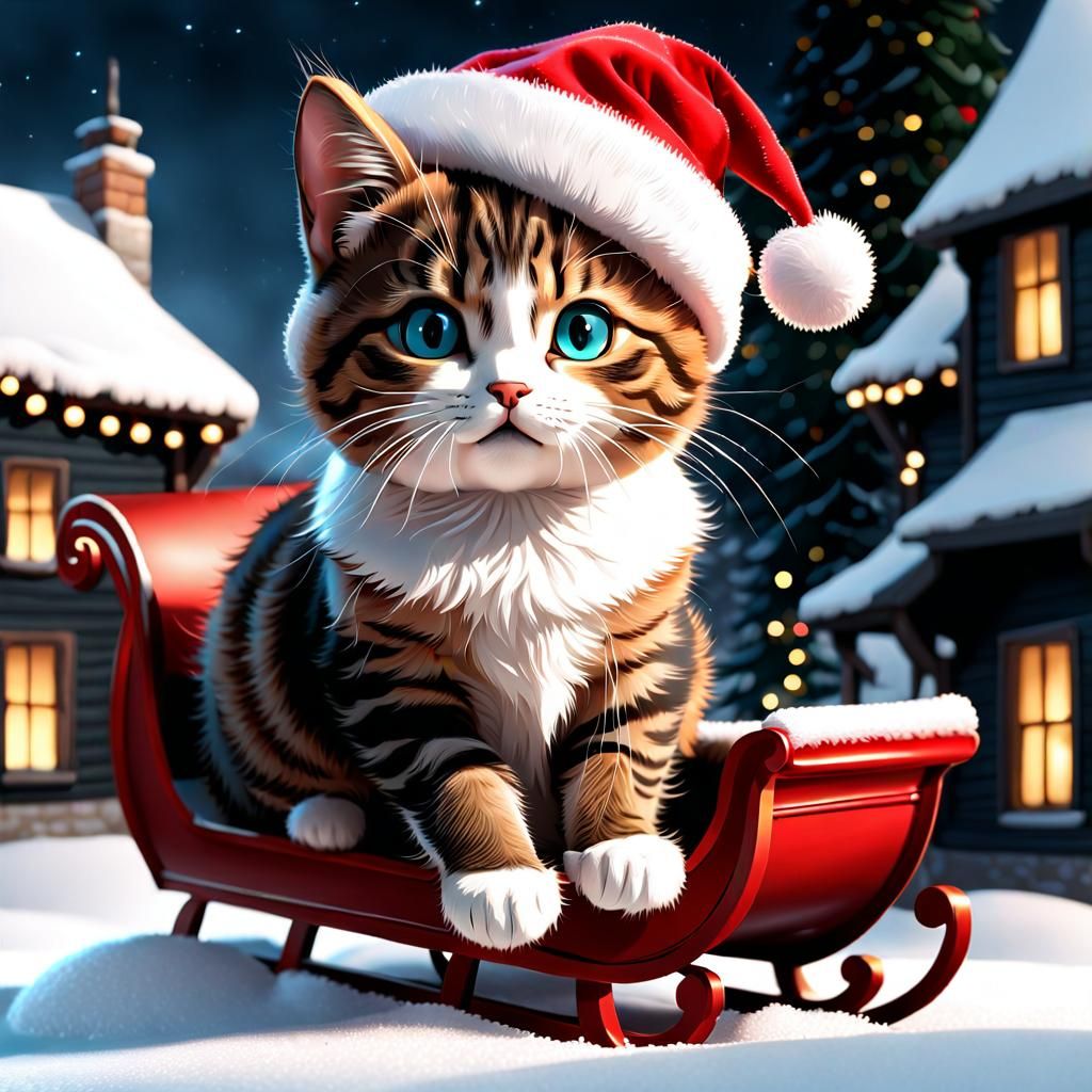Cute Cat in Sleigh as Winter Holiday Art