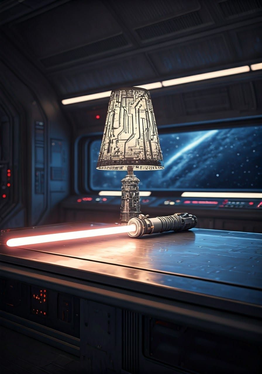 Image of a Star Wars white Lightsaber with a lampshade on th...