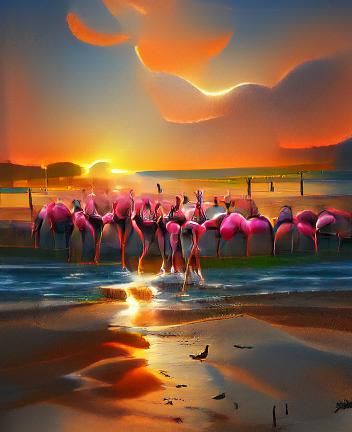 Pink Flamingoes on Beach at Sunset