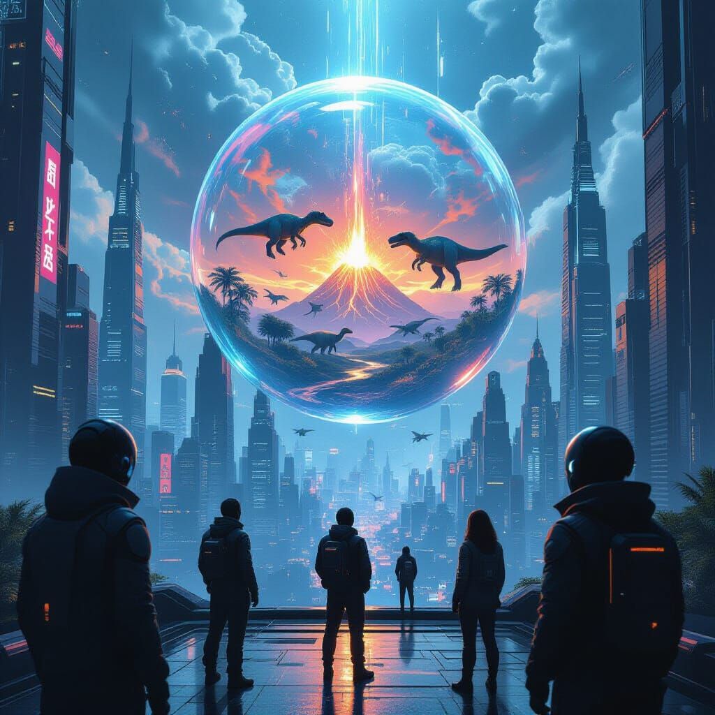 Futuristic City Gazes at Prehistoric Earthscape