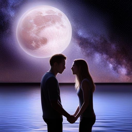 Romantic Couple Stargazing on Beach in Hyperrealism