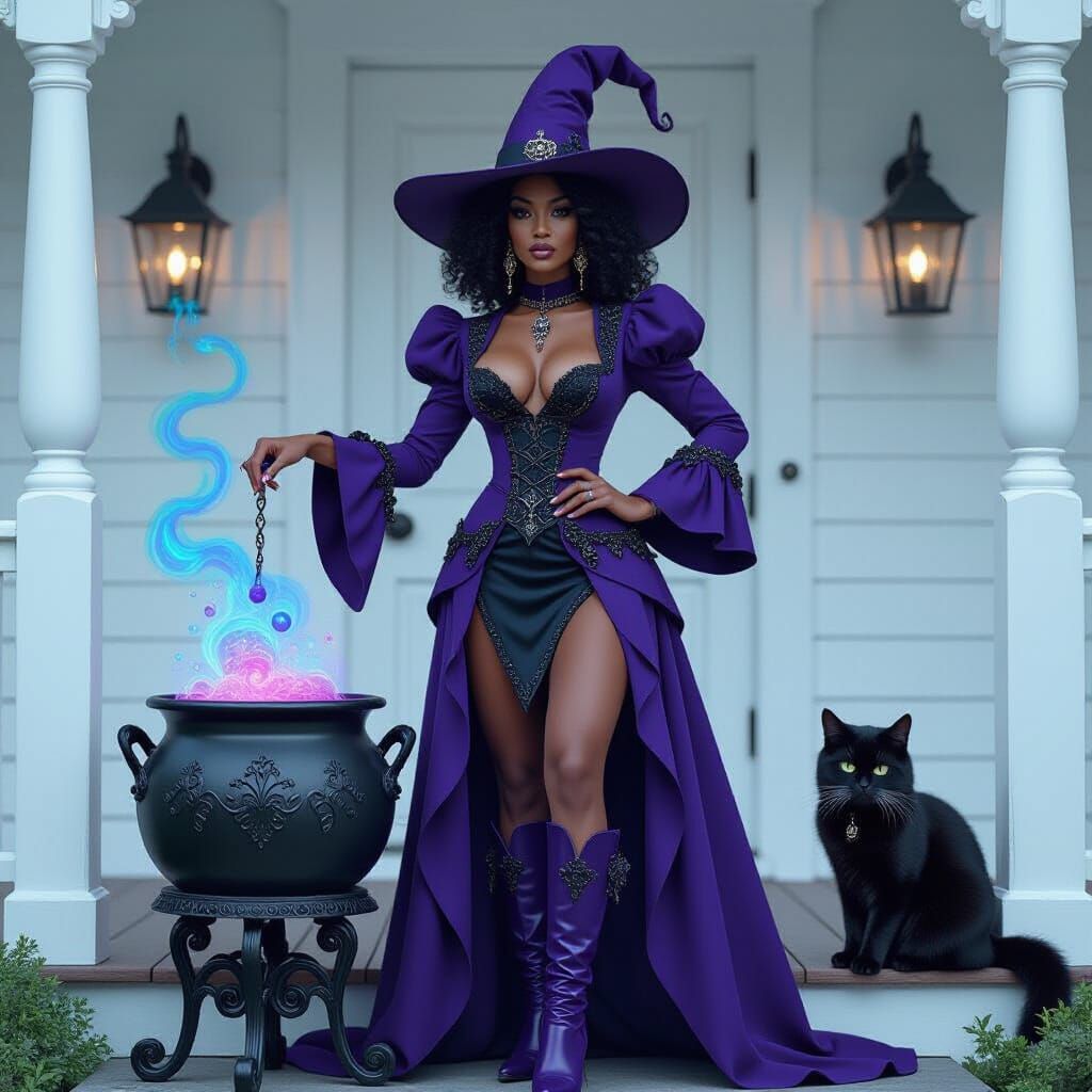 African American Witch on Porch with Mystical Cauldron