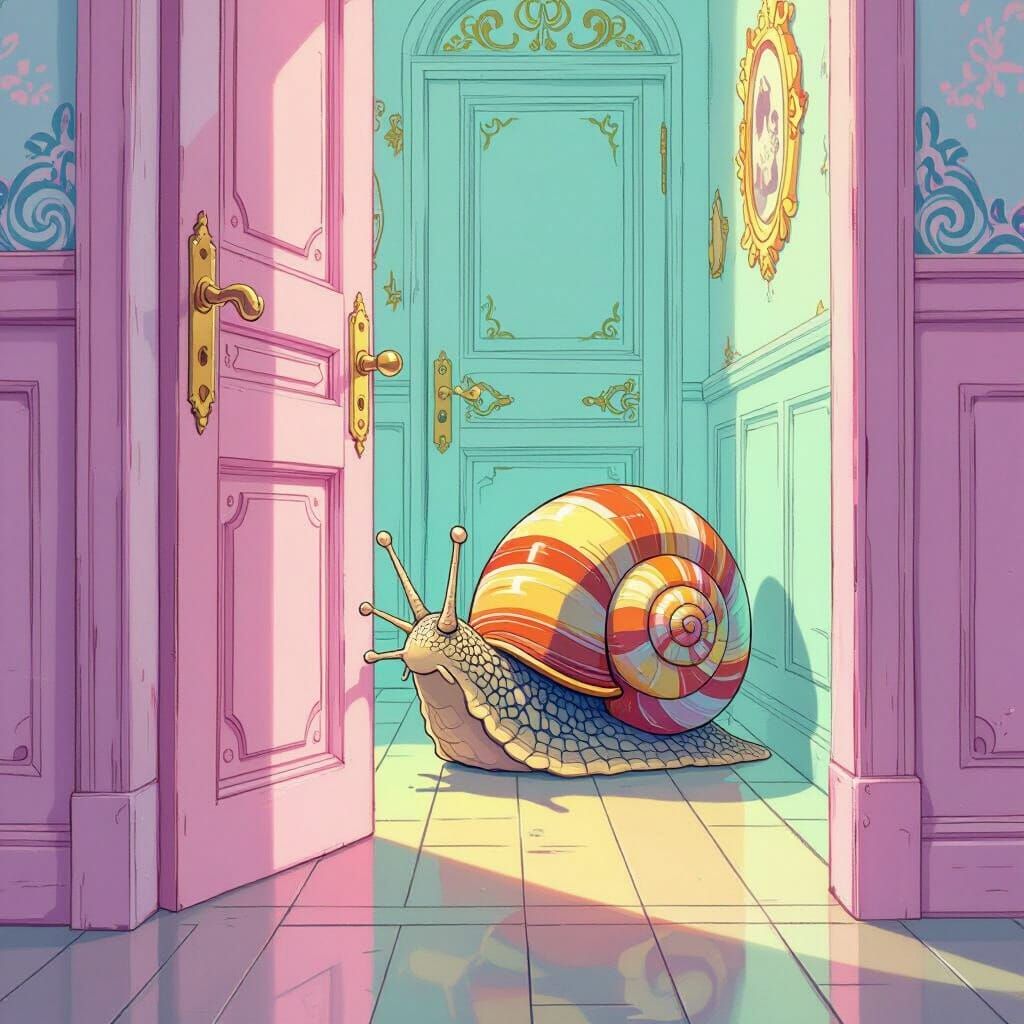 Curious Snail Peeking Through Doorway in Anime Style