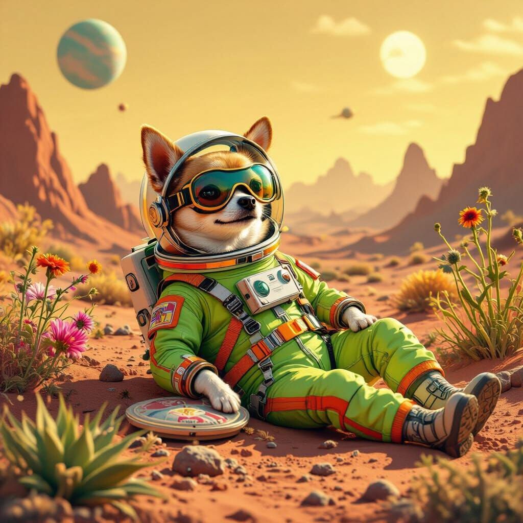 Chihuahua Astronaut on Alien Planet in Retro-Futuristic Styl...