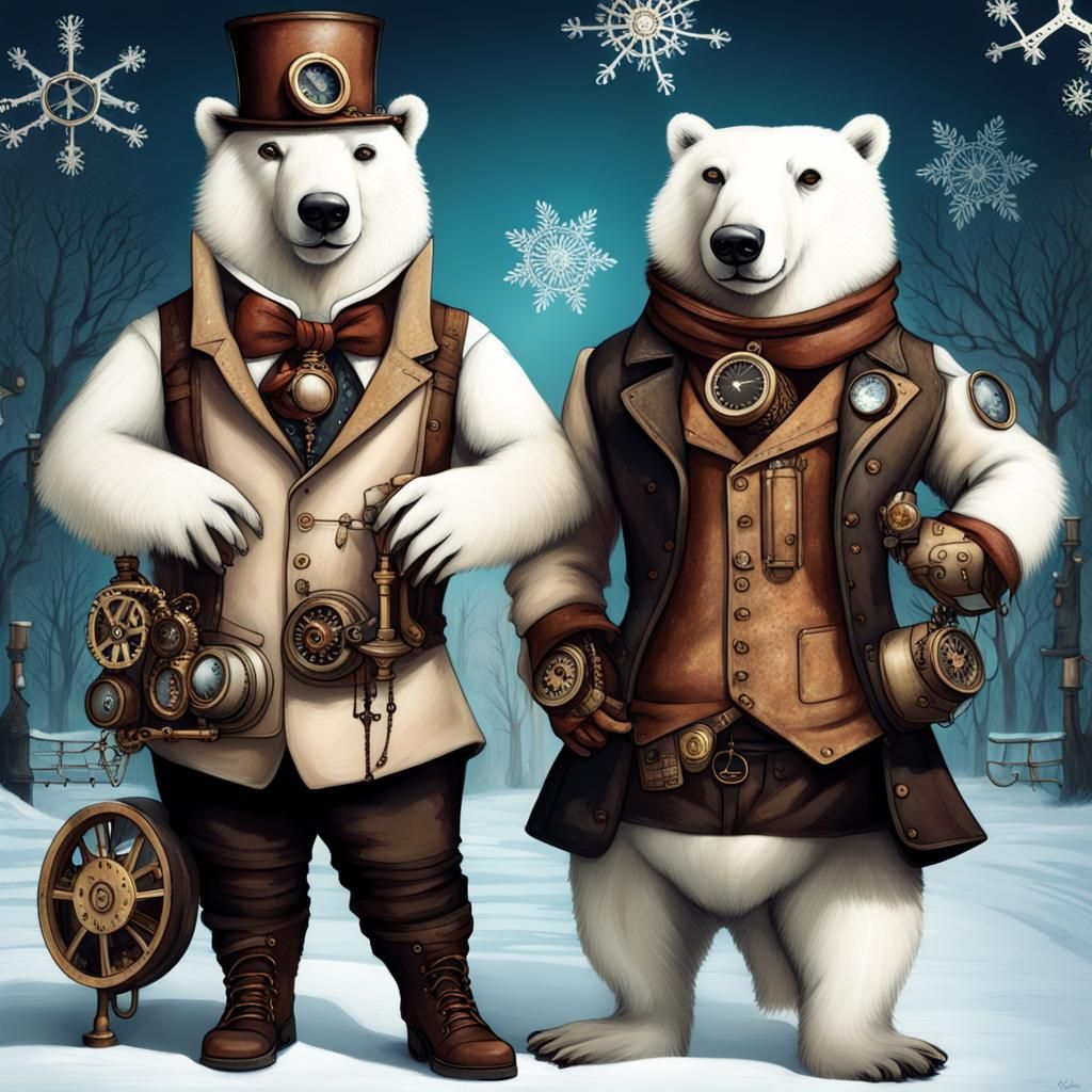 Steampunk Polar Bears in Winter Wonderland