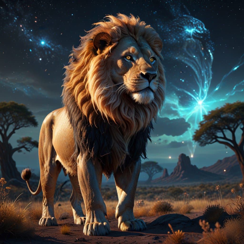 Majestic Lion on Alien Savanna Hyperrealistic Digital Art