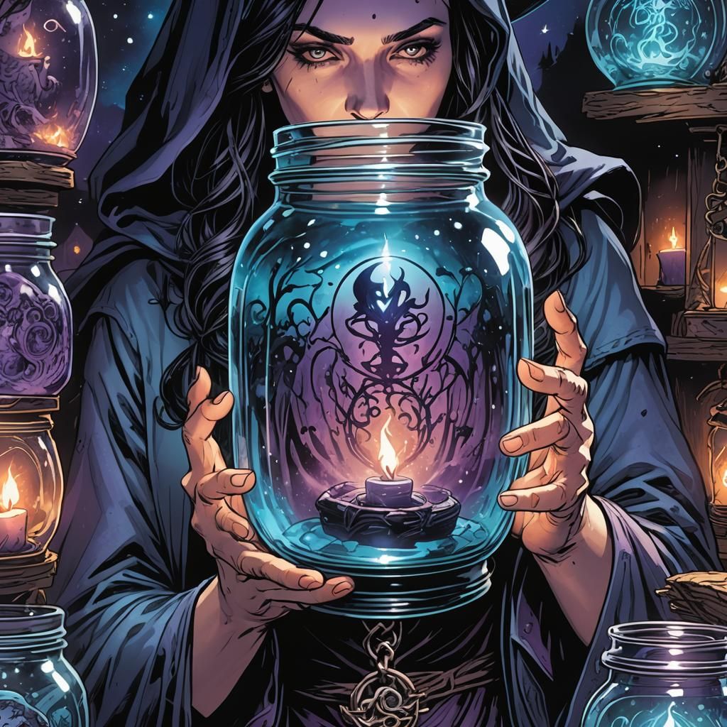 Mystical Witch Holding a Spell Jar in Comic Book Style