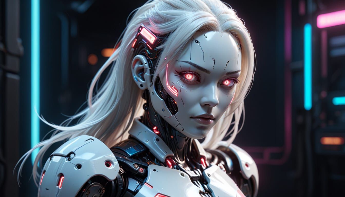 Cyberpunk Gynoid with Neon Circuits and White Hair
