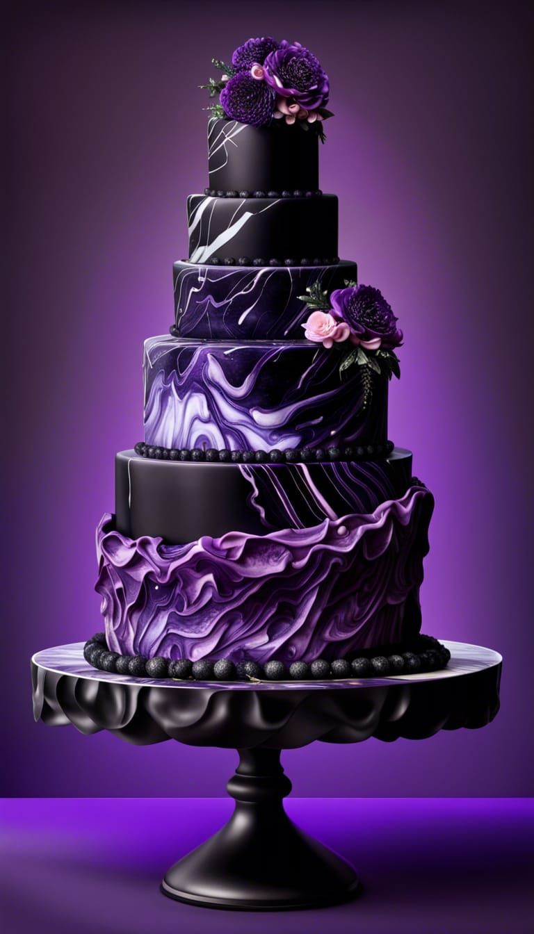 Dramatic Black Marble Wedding Cake on Crystal Stand