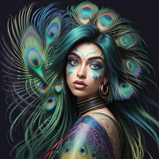 Peacock Woman: Abstract Expressionist Portrait in Pastel Col...