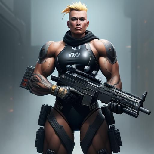 Cyberpunk Bodybuilder Shoots Robots in Arena