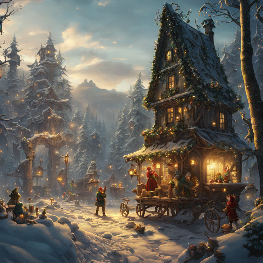 Fantasy Christmas Workshop Scene in Art Nouveau Style