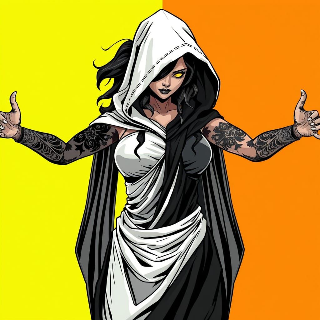 Fantasy Woman in Split Color Greek Dress with Glowing Runes