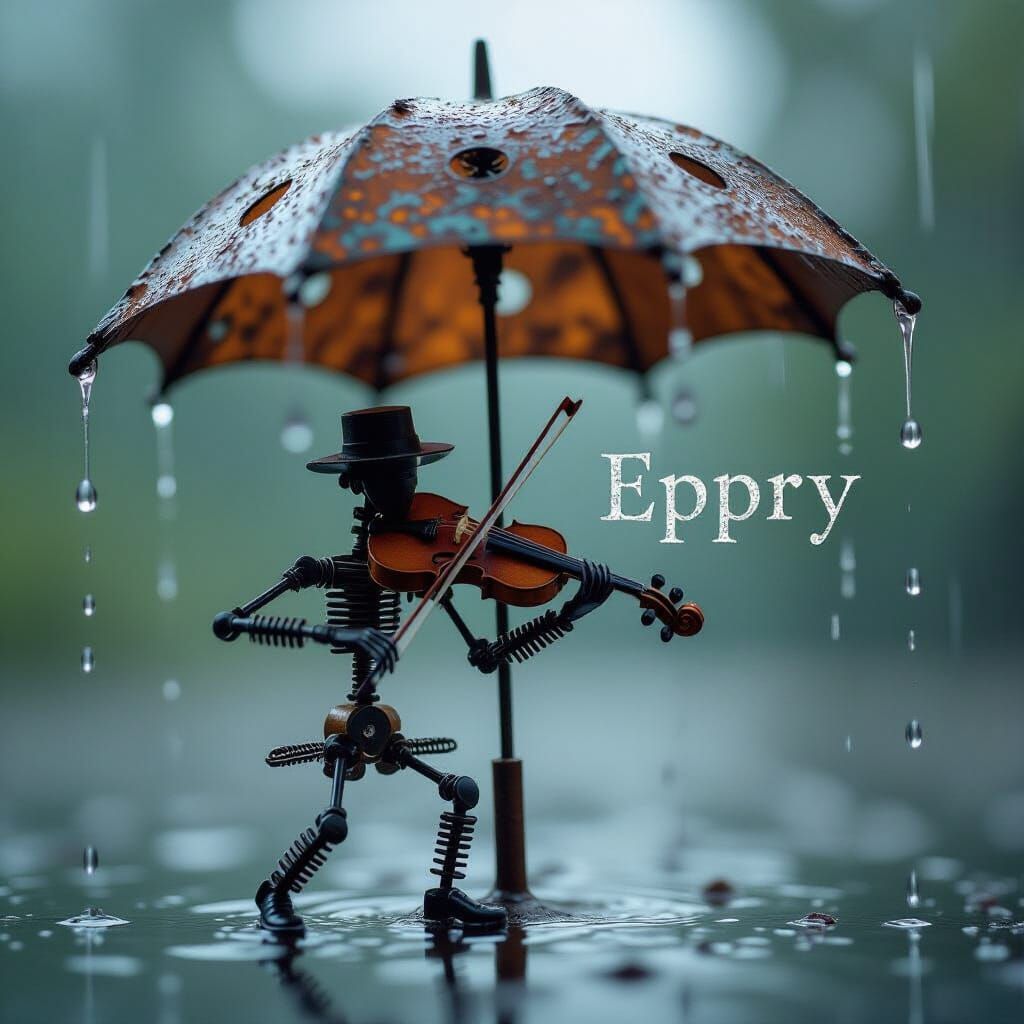 Miniature Metal Violinist Plays in Rainy Macro Photograph