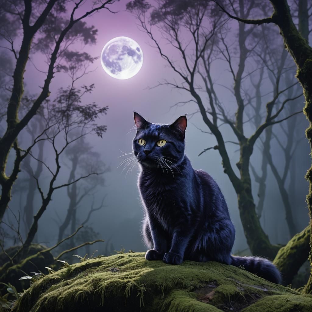 Mystical Blue Cat in Misty Woods with Glowing Eyes