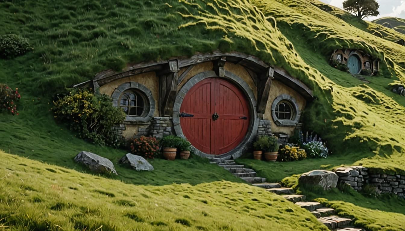 Hyperrealistic Hobbit Hole Door in Grassy Hillside