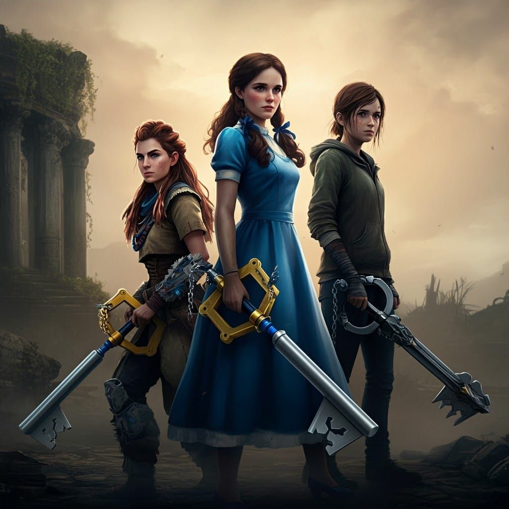 Aloy, Dorothy, and Ellie: Keyblade Sunset