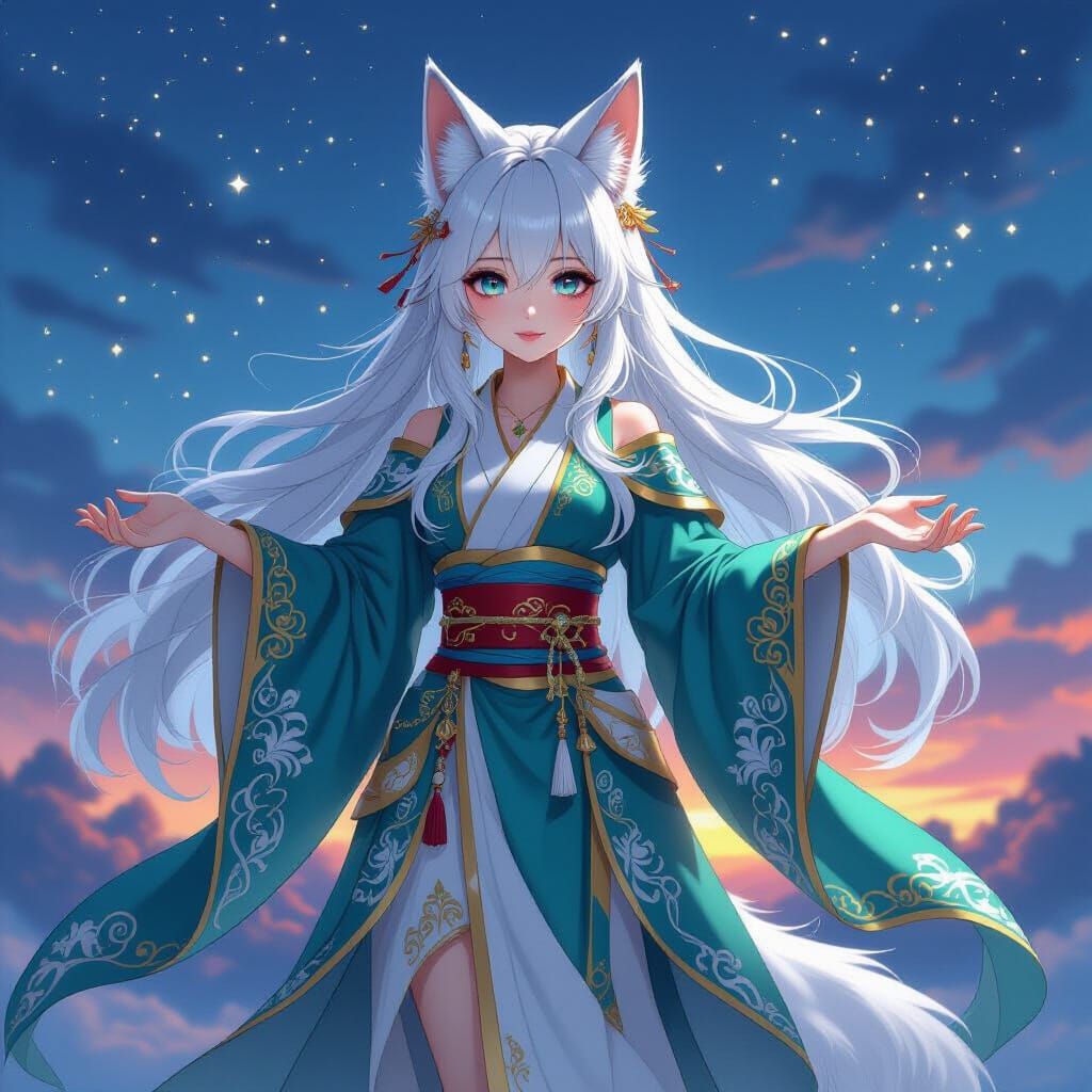 Enchanting Kitsune Girl in Twilight Sky