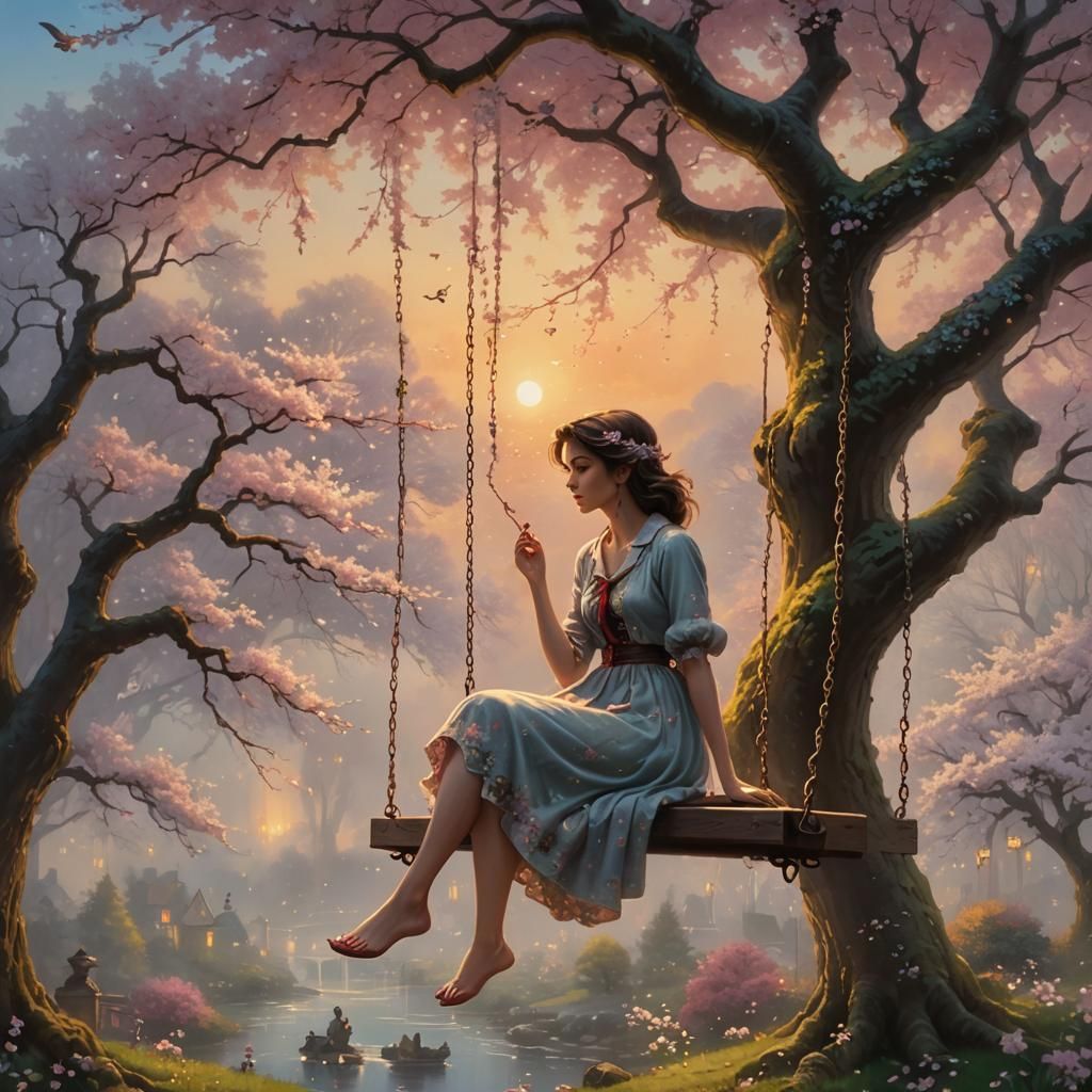 Girl on Cherry Tree Swing at Sunset